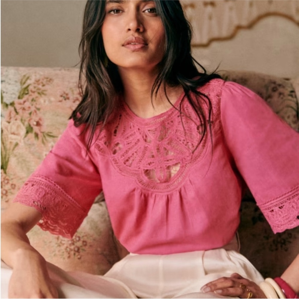 Sezane Pink Lace Yoke Short Sleeve Blouse